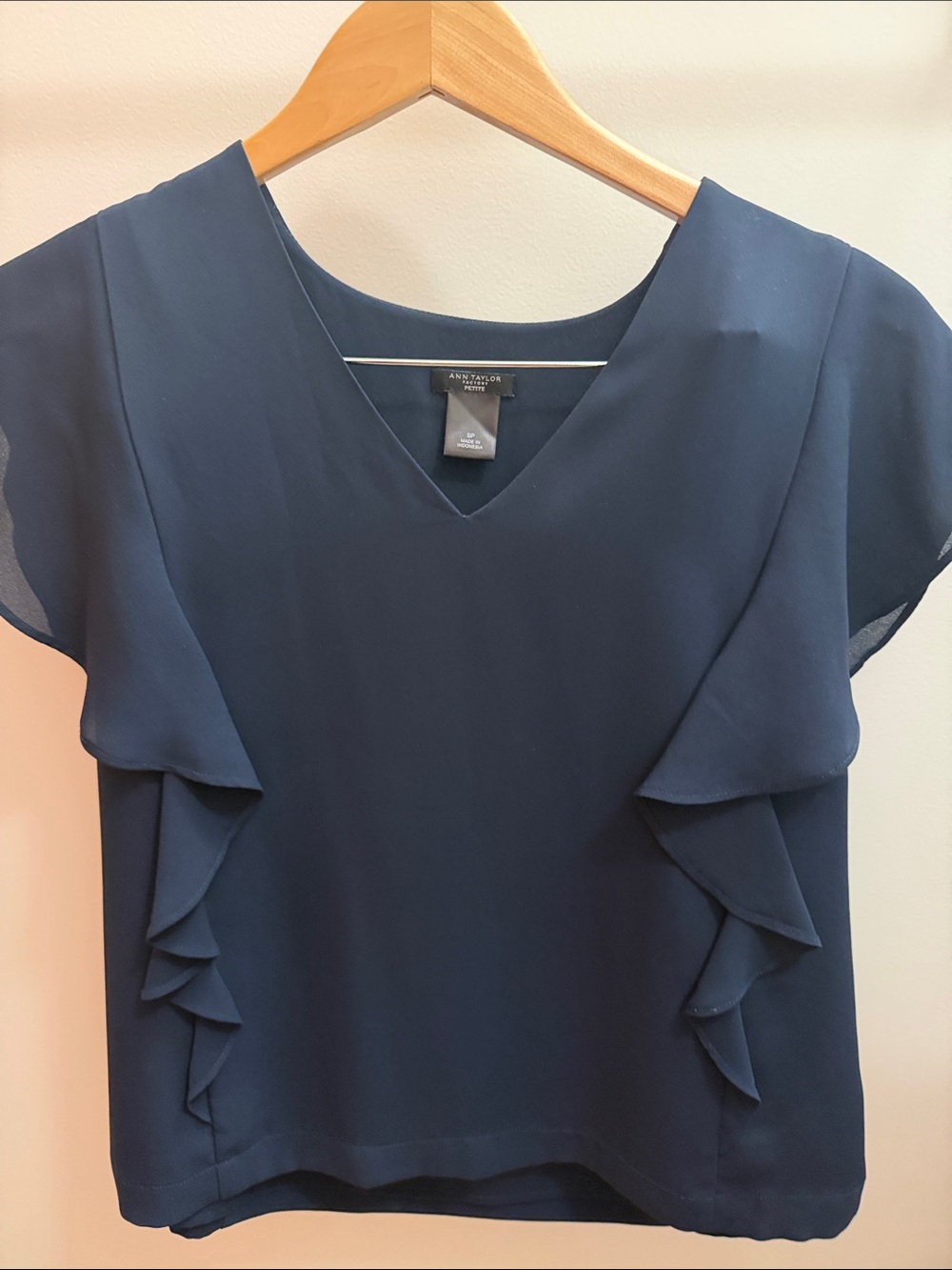 Ann Taylor Navy Ruffle Sleeve V-Neck Blouse